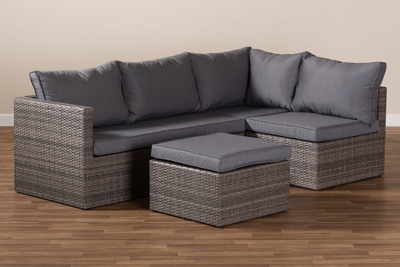 Thelma Modern and Contemporary Gray Polyester Upholstered and Brown Finished 4-Piece Woven Rattan Outdoor Patio Set