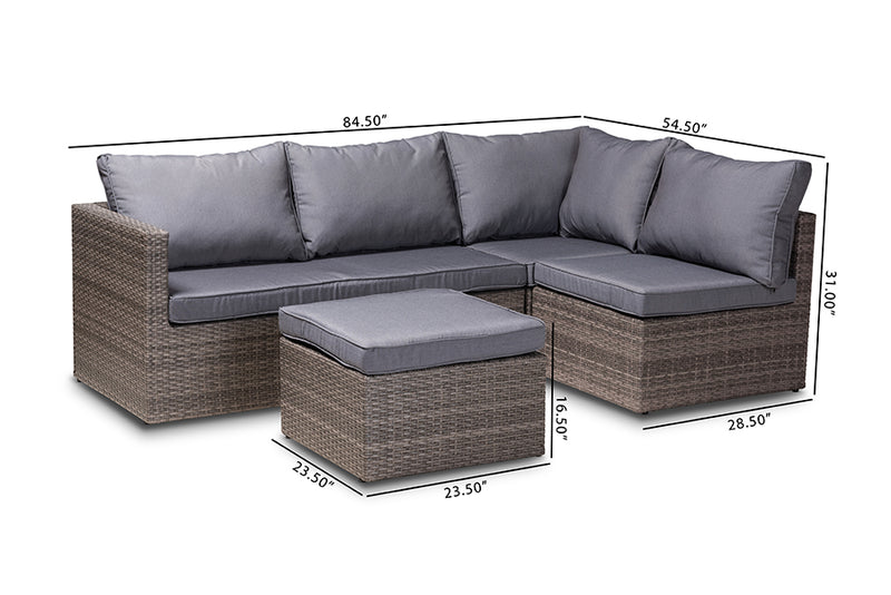 Thelma Modern and Contemporary Gray Polyester Upholstered and Brown Finished 4-Piece Woven Rattan Outdoor Patio Set