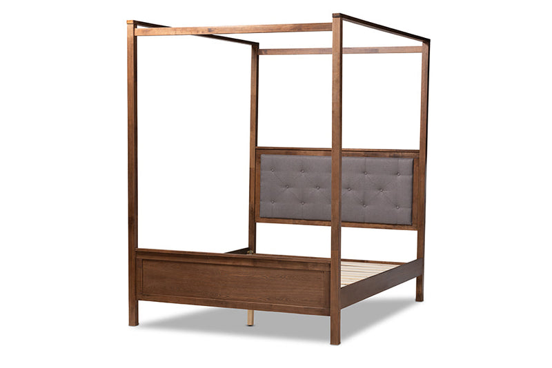 Sunderland Gray Fabric Walnut Brown Queen Size Platform Canopy Bed Baxton
