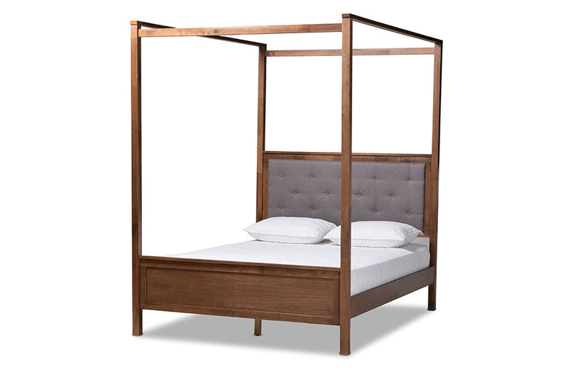 Sunderland Gray Fabric Walnut Brown Queen Size Platform Canopy Bed Baxton