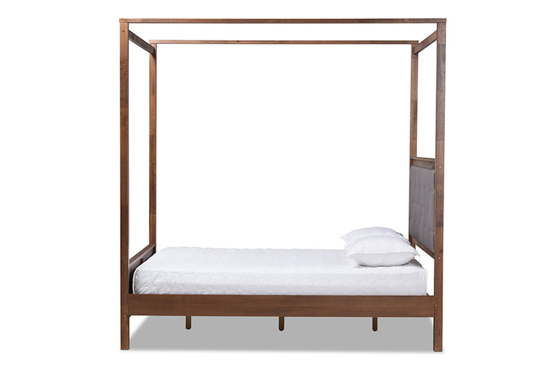 Sunderland Modern and Contemporary Gray Fabric Upholstered and Walnut Brown Finished Wood King Size Platform Canopy Bed