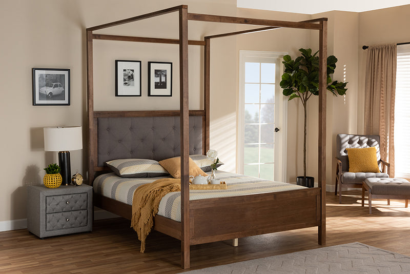 Sunderland Modern and Contemporary Gray Fabric Upholstered and Walnut Brown Finished Wood King Size Platform Canopy Bed