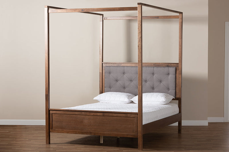 Sunderland Gray Fabric Walnut Brown Queen Size Platform Canopy Bed Baxton