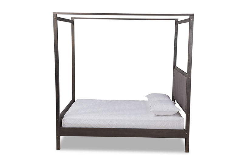 Sunderland Modern and Contemporary Gray Fabric Upholstered and Dark Gray Oak Finished Wood Queen Size Platform Canopy Bed