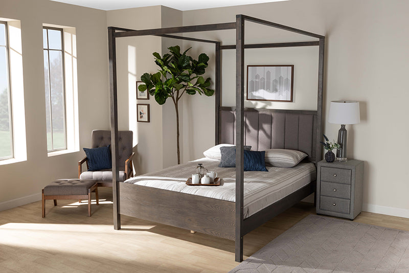 Sunderland Modern and Contemporary Gray Fabric Upholstered and Dark Gray Oak Finished Wood Queen Size Platform Canopy Bed