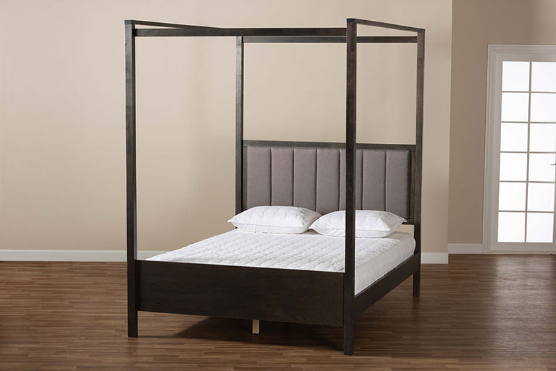 Sunderland Gray Fabric Dark Gray Oak Queen Size Platform Canopy Bed Baxton
