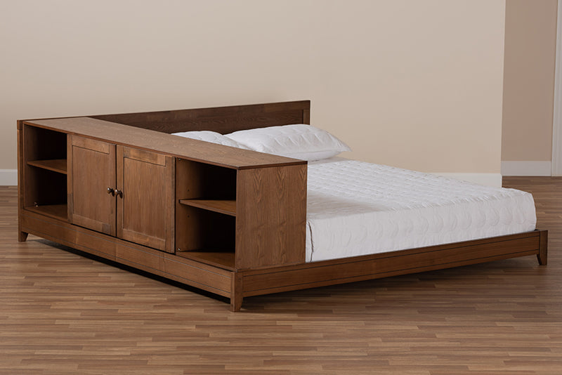 Larisa Modern and Contemporary Walnut Brown Finished Wood Queen Size Platform Storage Bed