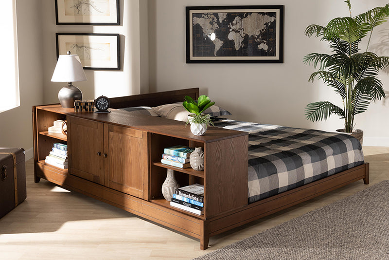 Larisa Modern and Contemporary Walnut Brown Finished Wood Queen Size Platform Storage Bed