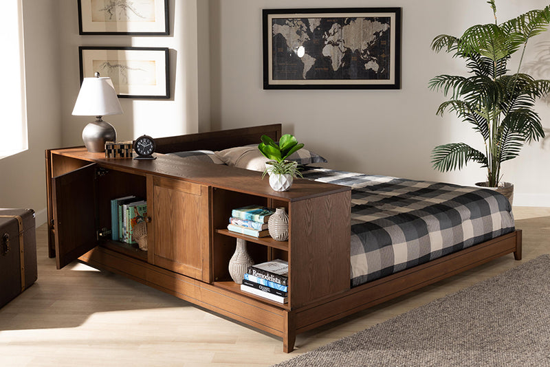 Larisa Modern and Contemporary Walnut Brown Finished Wood Queen Size Platform Storage Bed