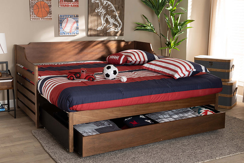 Kaden Modern and Transitional Walnut Brown Finished Expandable Twin Size to King Size Daybed w/Storage Drawer