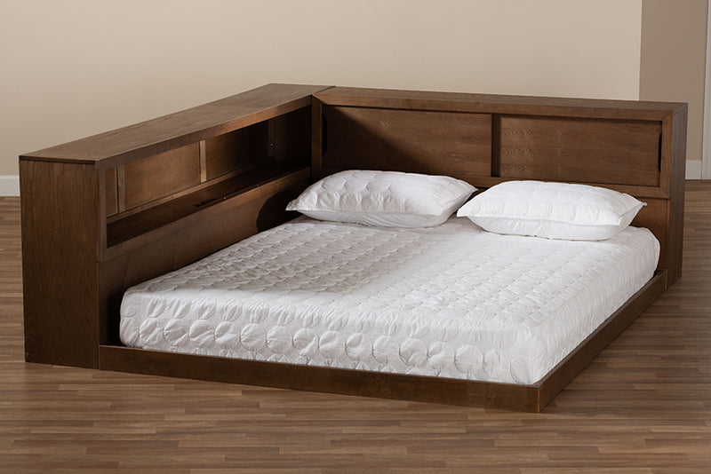 Ohara Modern Rustic and Transitional Walnut Brown Finished Wood Queen Size Platform Storage Bed w/Built-In Outlet