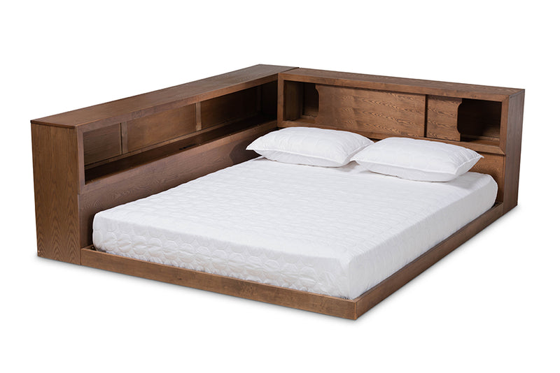 Ohara Modern Rustic and Transitional Walnut Brown Finished Wood Queen Size Platform Storage Bed w/Built-In Outlet