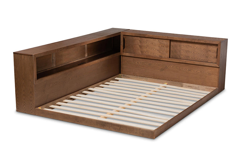 Ohara and Walnut Brown Queen Size Platform Storage Bed w/Built-In Outlet Baxton