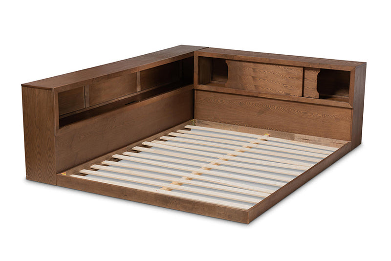 Ohara and Walnut Brown Queen Size Platform Storage Bed w/Built-In Outlet Baxton