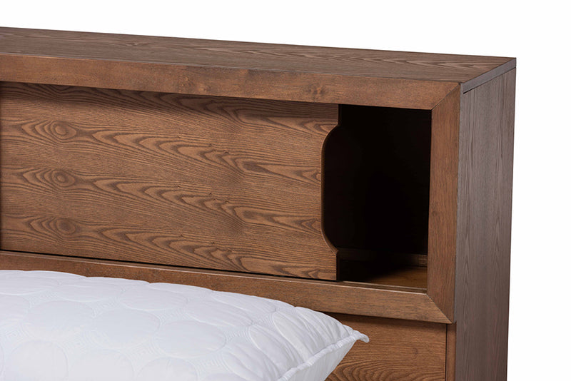 Ohara Modern Rustic and Transitional Walnut Brown Finished Wood Queen Size Platform Storage Bed w/Built-In Outlet