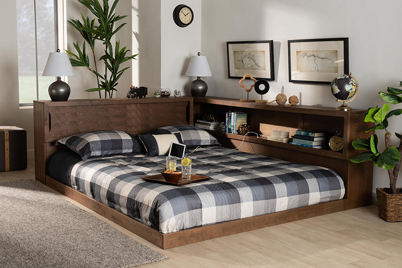 Ohara Modern Rustic and Transitional Walnut Brown Finished Wood Queen Size Platform Storage Bed w/Built-In Outlet