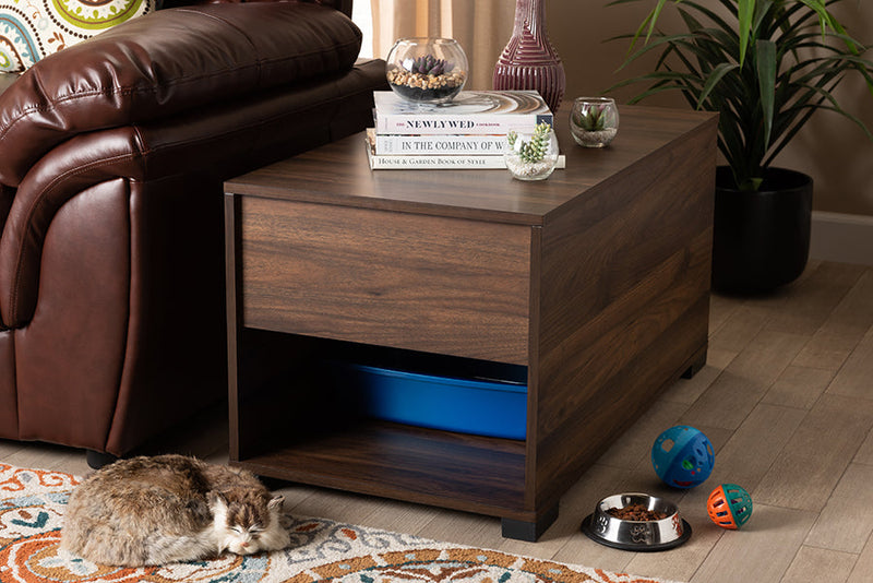Bethel Walnut Brown Finished Cat Litter Box Cover House Baxton