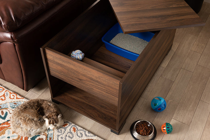 Bethel Walnut Brown Finished Cat Litter Box Cover House Baxton