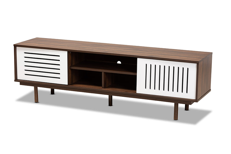 Pless Mid-Century Modern Two-Tone Walnut Brown and White Finished Wood TV Stand