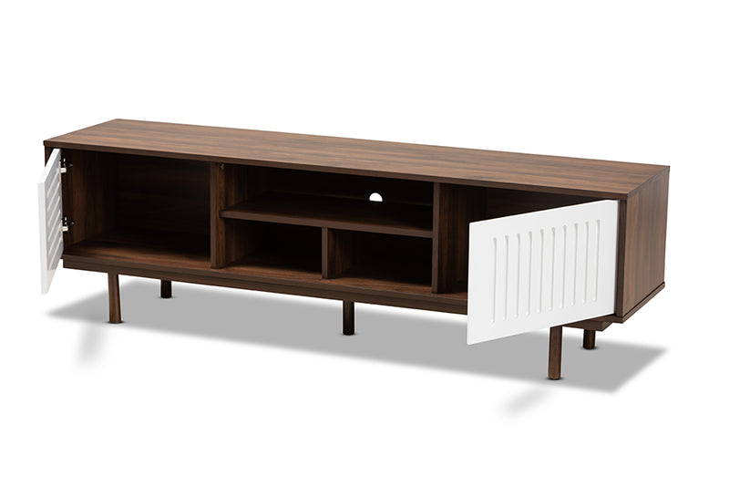 Pless Mid-Century Modern Two-Tone Walnut Brown and White Finished Wood TV Stand