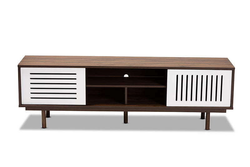 Pless Mid-Century Modern Two-Tone Walnut Brown and White Finished Wood TV Stand