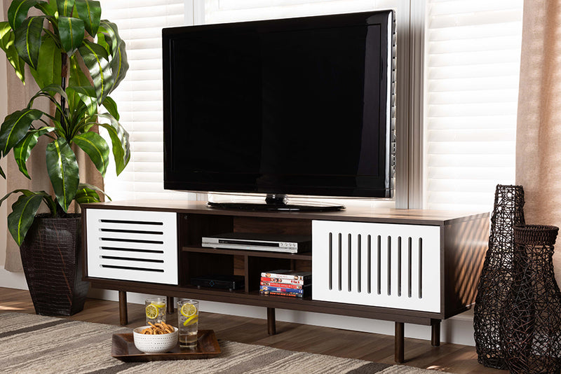 Pless Mid-Century Modern Two-Tone Walnut Brown and White Finished Wood TV Stand