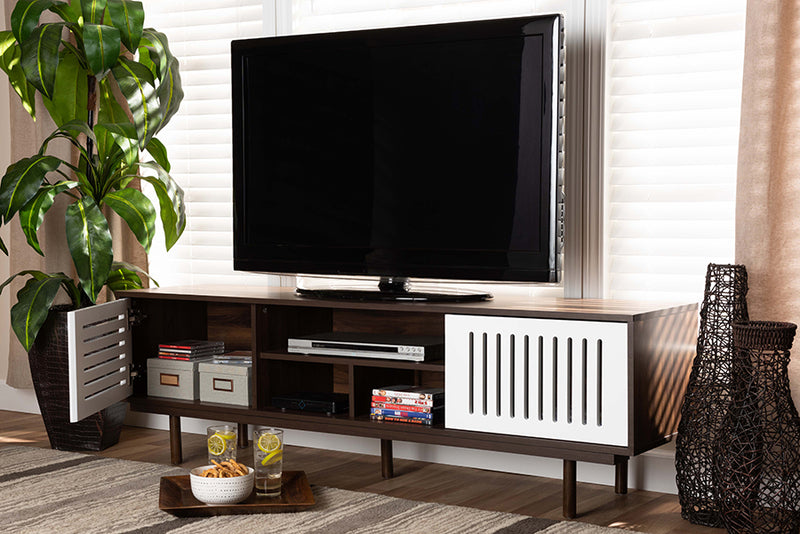 Pless Mid-Century Modern Two-Tone Walnut Brown and White Finished Wood TV Stand