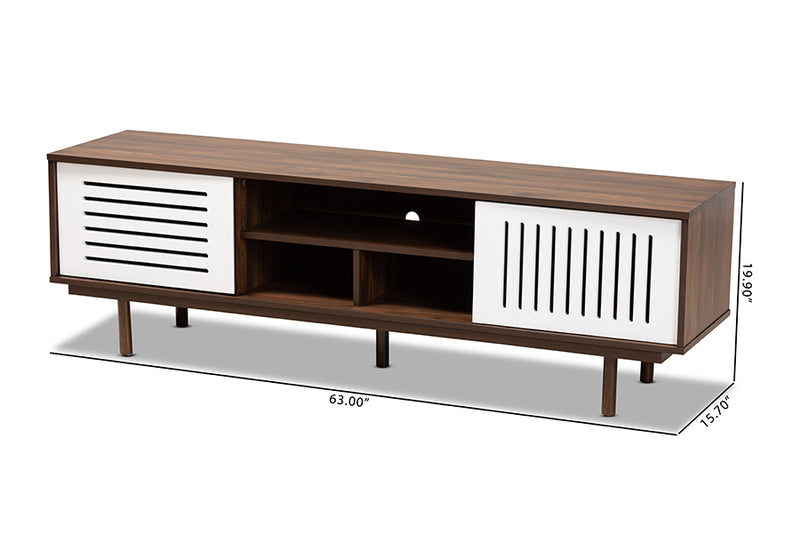 Pless Mid-Century Modern Two-Tone Walnut Brown and White Finished Wood TV Stand