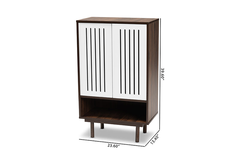 Pless Mid-Century Modern Two-Tone Walnut Brown and White Finished Wood 2-Door Shoe Cabinet