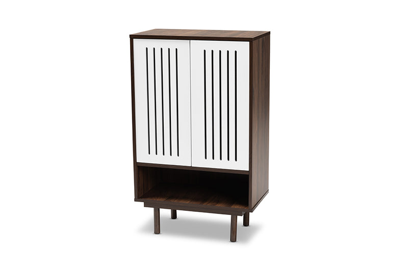 Pless Mid-Century Modern Two-Tone Walnut Brown and White Finished Wood 2-Door Shoe Cabinet