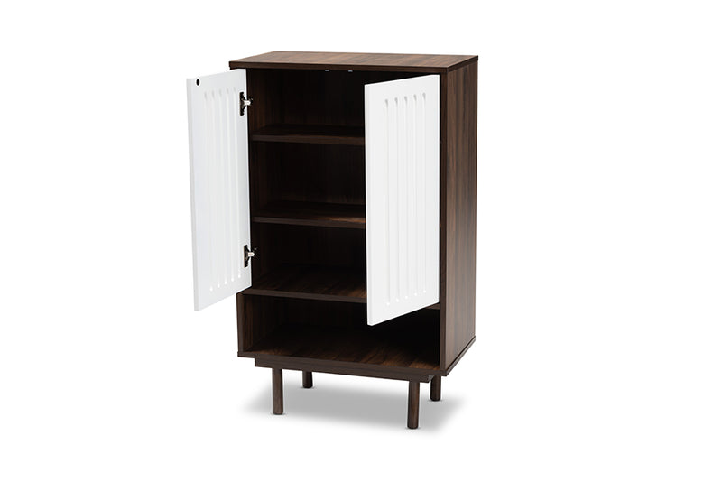 Pless Mid-Century Modern Two-Tone Walnut Brown and White Finished Wood 2-Door Shoe Cabinet