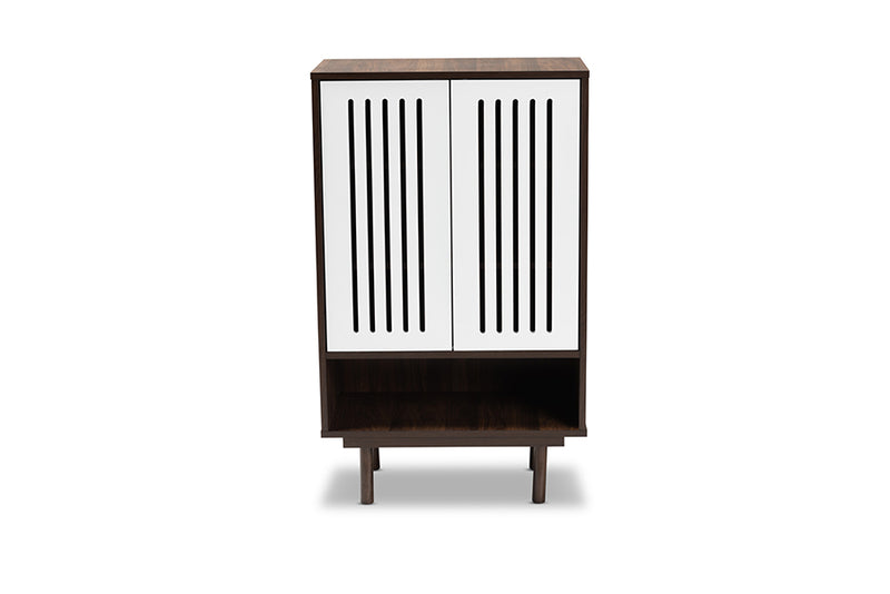 Pless Mid-Century Modern Two-Tone Walnut Brown and White Finished Wood 2-Door Shoe Cabinet