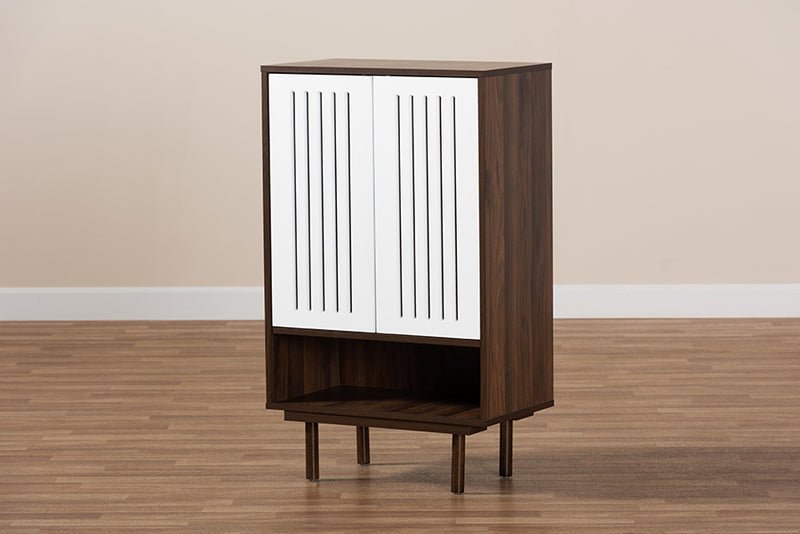 Pless Mid-Century Modern Two-Tone Walnut Brown and White Finished Wood 2-Door Shoe Cabinet