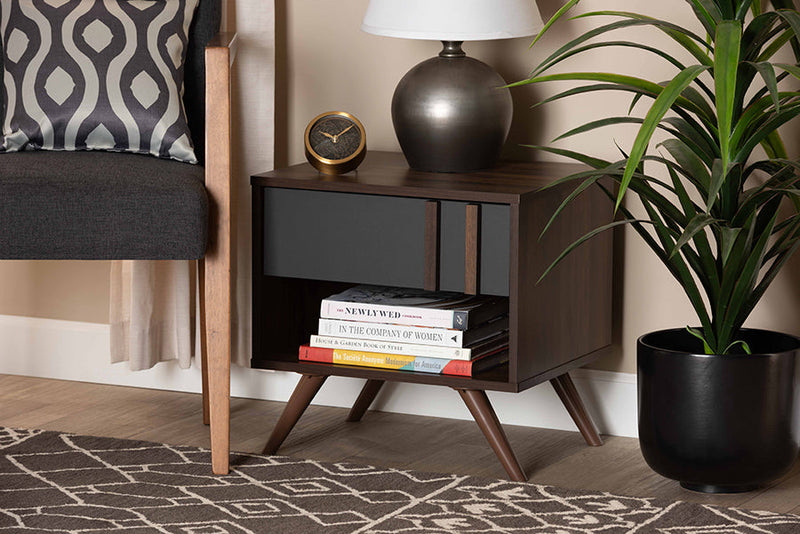 Pease Two-Tone Gray and Walnut 1-Drawer Nightstand Baxton