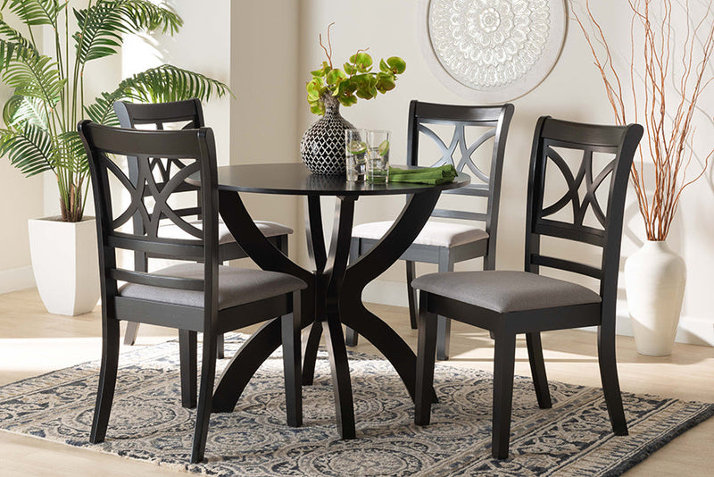 Deanna Modern Gray Fabric and Dark Brown 5-Piece Dining Set Baxton