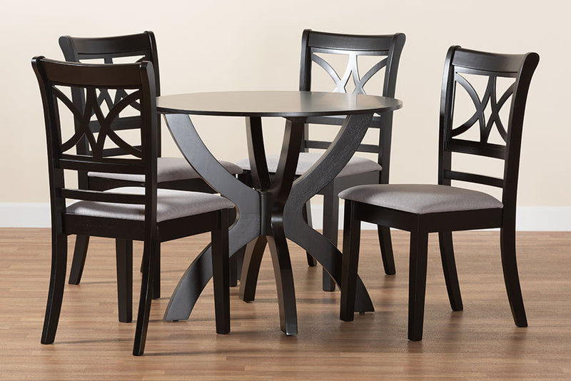 Deanna Modern Gray Fabric and Dark Brown 5-Piece Dining Set Baxton