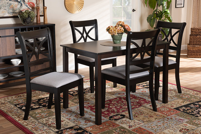 Oreille Gray Fabric Upholstered and Espresso Brown 5-Piece Dining Set Baxton
