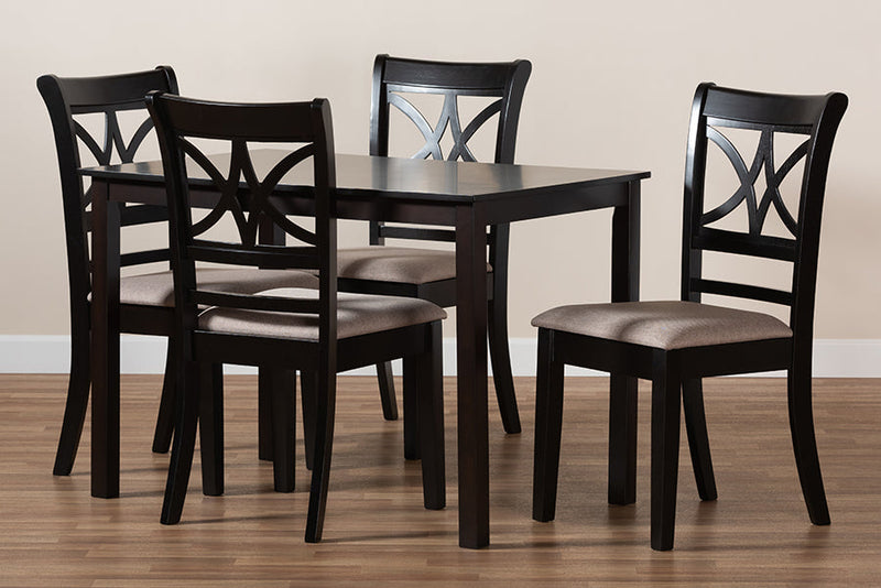 Oreille Sand Fabric Upholstered and Espresso Brown 5-Piece Dining Set Baxton