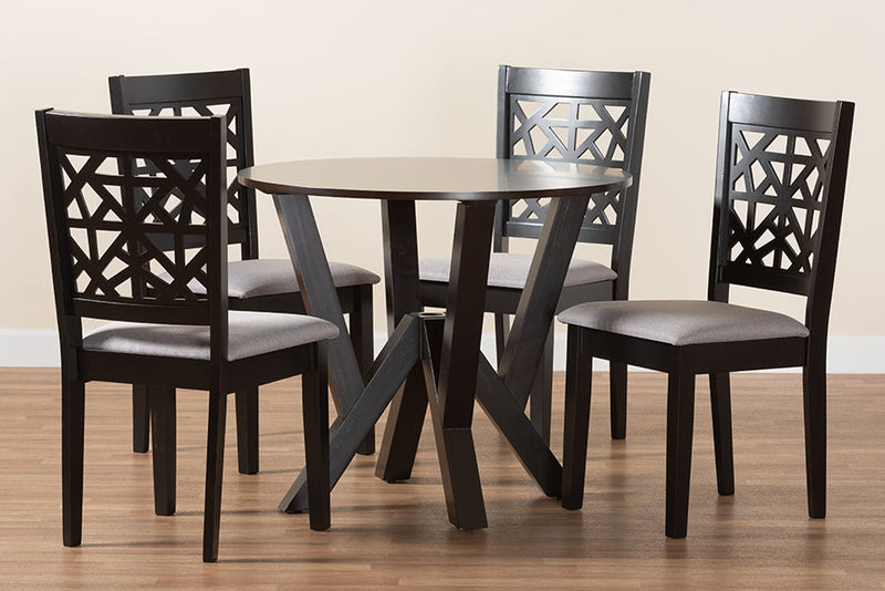Gerhardine Modern Gray Fabric and Dark Brown 5-Piece Dining Set Baxton