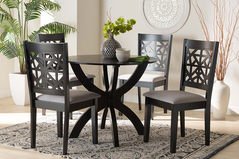 Linus Modern Gray Fabric and Dark Brown 5-Piece Dining Set Baxton