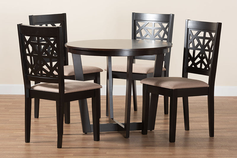 Nevan Moden Beige Fabric and Dark Brown 5-Piece Dining Set Baxton