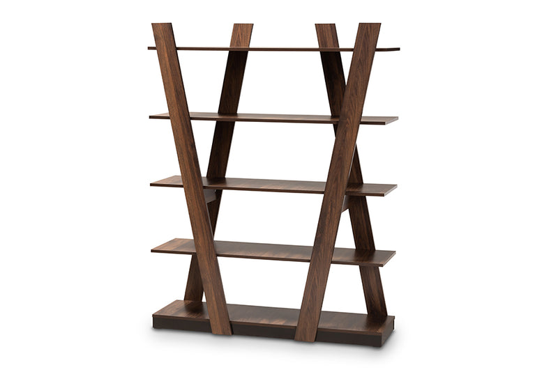 Rava Modern and Contemporary Walnut Brown Finished 5-Tier Wood Geometric Living Room Display Shelf