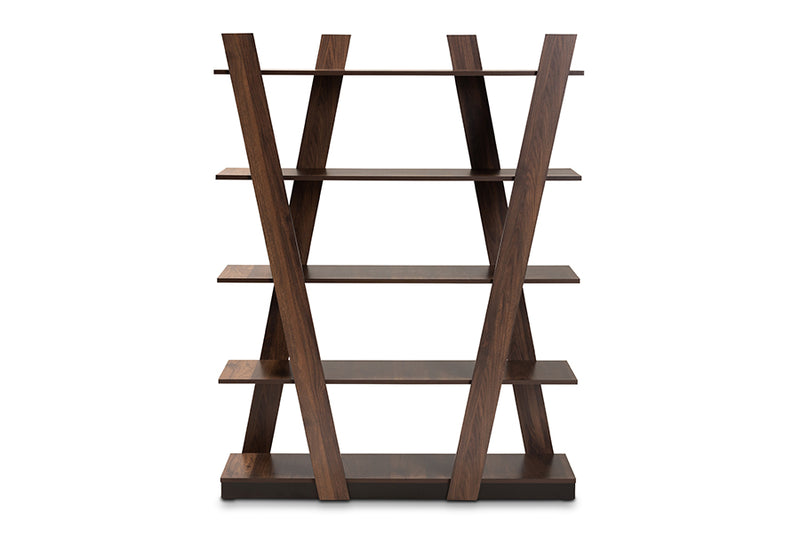 Rava Modern and Contemporary Walnut Brown Finished 5-Tier Wood Geometric Living Room Display Shelf