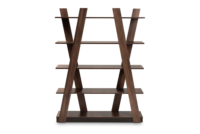 Rava Modern and Contemporary Walnut Brown Finished 5-Tier Wood Geometric Living Room Display Shelf