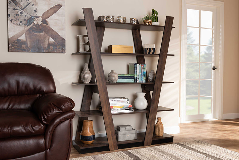 Rava Modern and Contemporary Walnut Brown Finished 5-Tier Wood Geometric Living Room Display Shelf