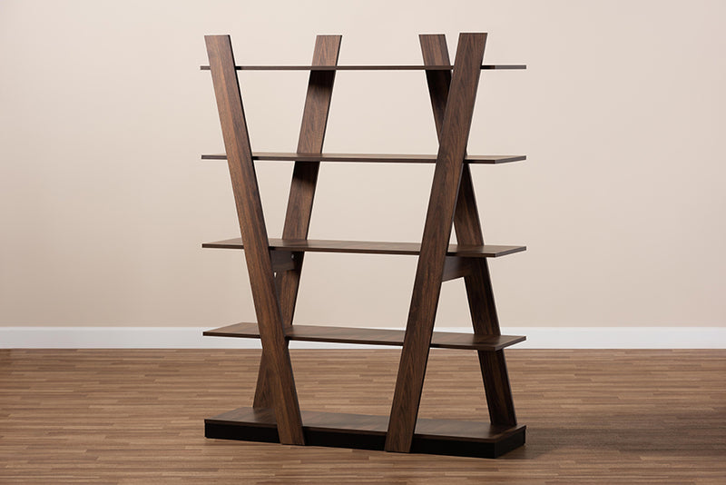 Rava Modern and Contemporary Walnut Brown Finished 5-Tier Wood Geometric Living Room Display Shelf