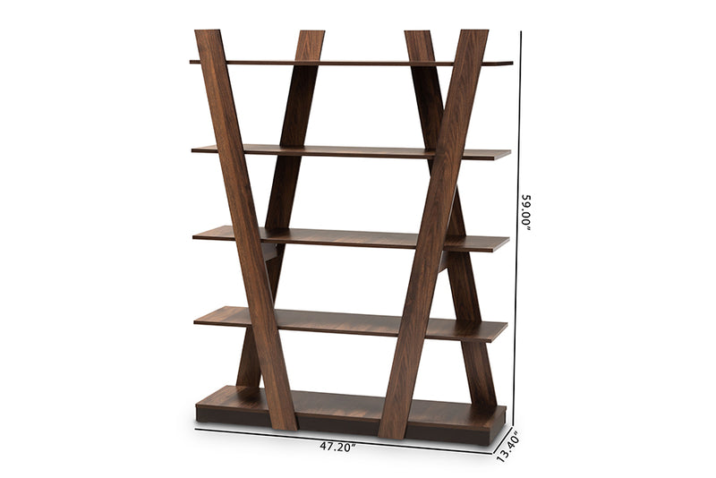 Rava Modern and Contemporary Walnut Brown Finished 5-Tier Wood Geometric Living Room Display Shelf