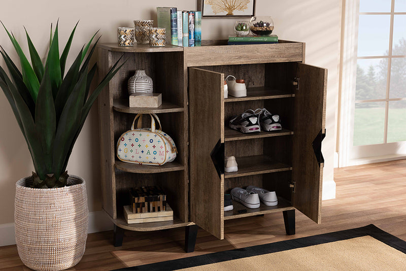 Ancel Modern and Contemporary Rustic Oak Finished Wood 2-Door Shoe Storage Cabinet w/Open Shelves