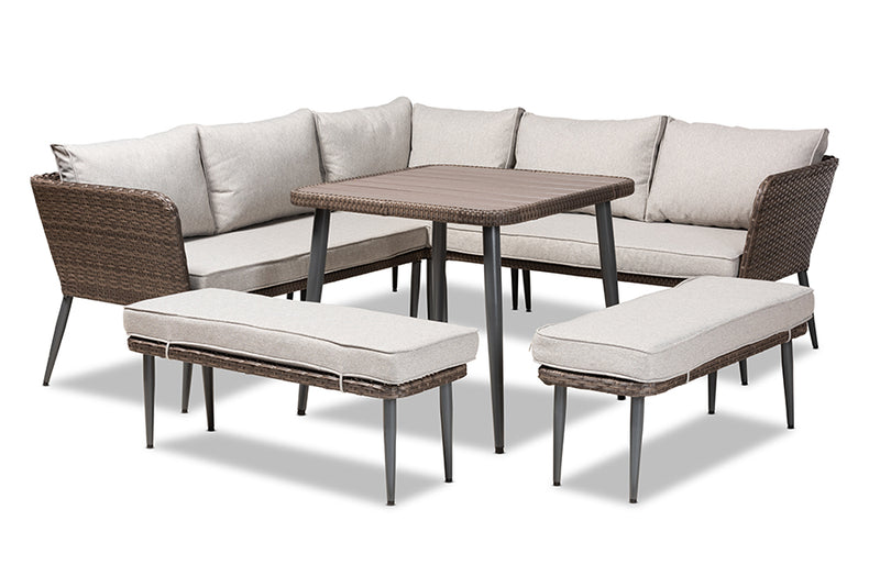 Rochadh Modern and Contemporary Light Gray Upholstered and Brown Finished 5-Piece Woven Rattan Outdoor Patio Set