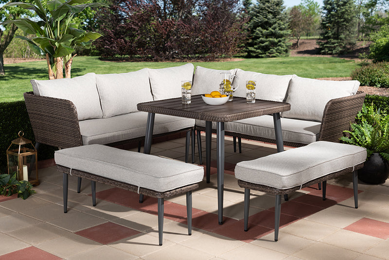 Rochadh Modern and Contemporary Light Gray Upholstered and Brown Finished 5-Piece Woven Rattan Outdoor Patio Set